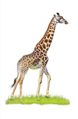 Naklejka premium A Majestic Giraffe Gracefully Walking Through Lush Green Grass Under Radiant Sunshine 