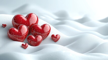 Glossy red hearts resting on soft white fabric, creating a romantic and serene atmosphere