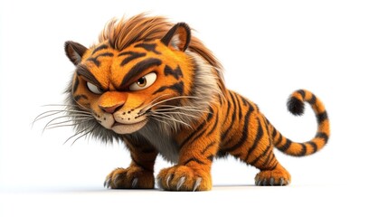 Obraz premium Cartoon tiger, fierce stance, isolated, white background