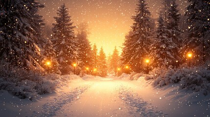Snowy forest path illuminated by glowing lamps under a winter sunset with falling snowflakes