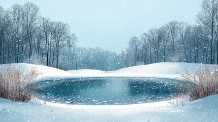 Serene winter landscape featuring a tranquil pond surrounded by snow-covered hills and trees