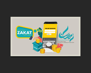 Online Zakat payment banner for Ramadan, highlighting Zakat as a key pillar of Islam, emphasizing almsgiving to the needy.