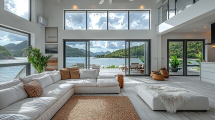 Modern coastal living room with panoramic views of the ocean and mountains in the background