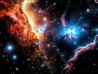 Fototapeta premium A breathtaking view of cosmic clouds illuminated by bright stars showcases vivid colors in the vast expanse of space. The rich textures and hues create a mesmerizing celestial landscape.