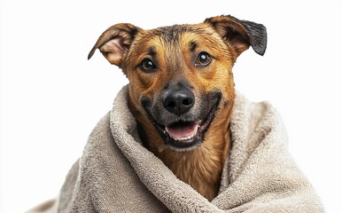 Adorable wet dog wrapped in a cozy towel after a bath, looking happy and refreshed, isolated on a white background, perfect for pet care, grooming, and veterinary concepts
