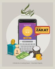 Financial Charity Concept. Paying Zakat with Mobile Banking. Zakat, a pillar of Islam, is an obligatory almsgiving act, second only to prayer.