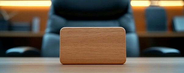 Wooden Object on Desk in Office Setting Blank Space for Customization and Message Placement