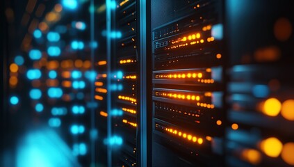 Obraz premium Modern Data Center Server Room with Orange and Blue Lights