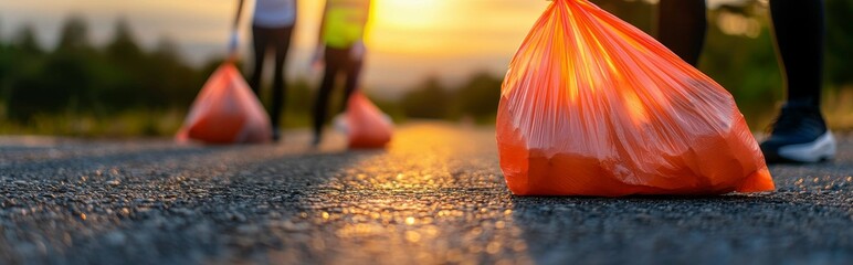 Sunset Roadside Cleanup with Volunteers Collecting Trash into Orange Bags on the Asphalt Surface