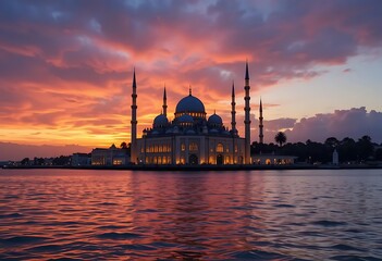 Fototapeta premium Majestic Mosque at Sunset: A Serene, Vibrant Image