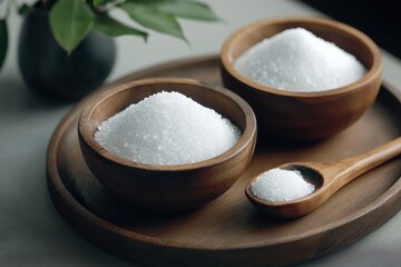 Two wooden bowls filled with white sugar on a round tray, accompanied by a wooden spoon, with green leaves in the background.