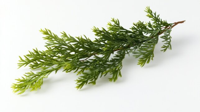 Green branch of juniper against white background