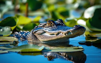 Fototapeta premium Alligator Emerging from Water Surrounded by Lush Green Lily Pads in a Tranquil Natural Habitat Under Bright Sunlight