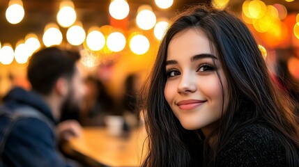 Fototapeta premium Radiant Smile and Warm Bokeh Lights Capture the Essence of a Candid Moment in a Cafe Setting