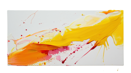 Abstract painting with yellow, orange and red splashes on white canvas with transparent background