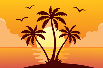 Fototapeta premium A tropical island sunset featuring palm trees silhouetted against a vibrant orange sky with birds flying across the horizon