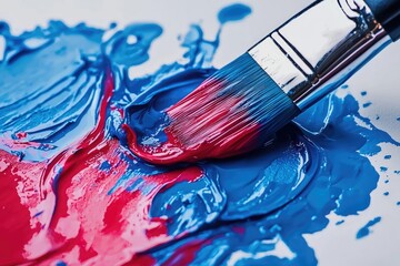 Fototapeta premium A paintbrush drenched in vibrant red and blue paint, creating a beautiful blend of colors on a white canvas surface.