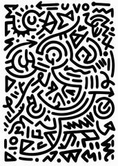 Fototapeta premium Bold black and white abstract doodles featuring swirling lines, faces, and random geometric shapes, forming an energetic pattern
