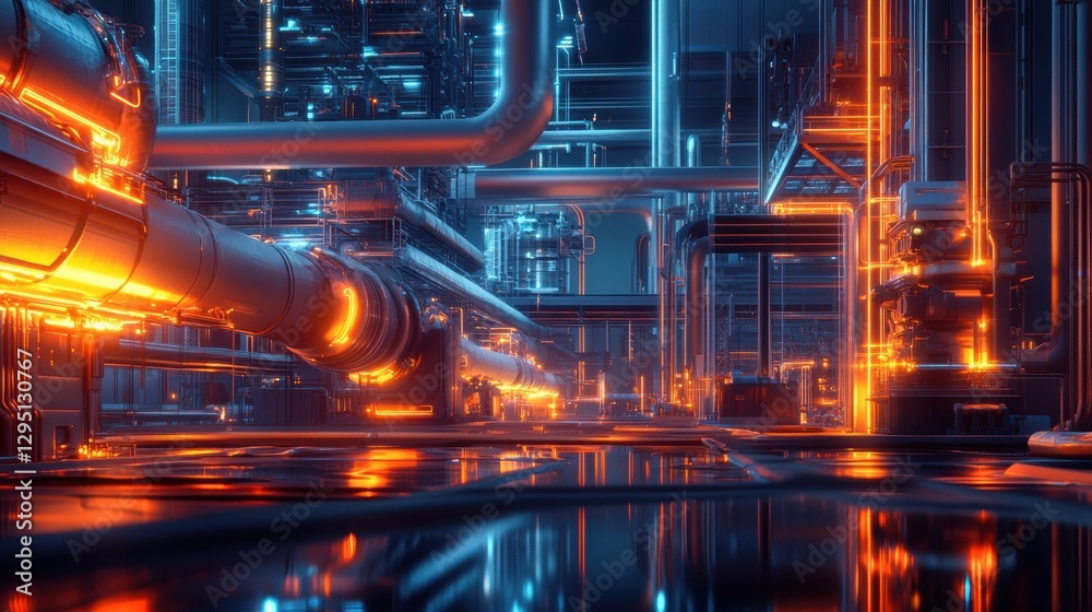 Poster futuristic gas power plant with glowing neon pipelines reflecting in a high tech environment. genera