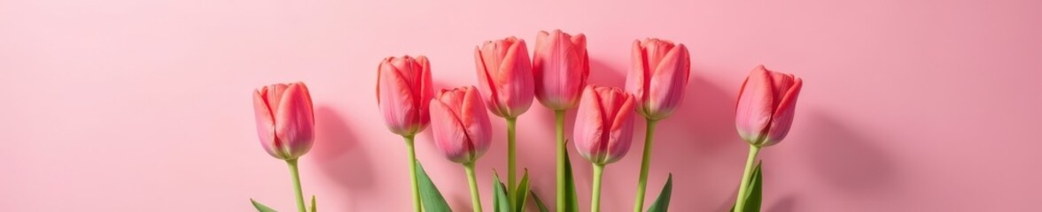 Obraz premium Pink background, symmetrical spring tulips in vase, still life, delicate