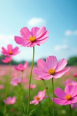 Fototapeta premium Pink cosmos flowers sway gently in a summer field , autumn, wild, spring