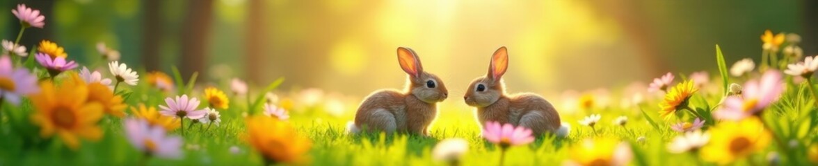 Obraz premium Playful rabbits frolicking in a sun-drenched flower patch, sunshine, art, yellow