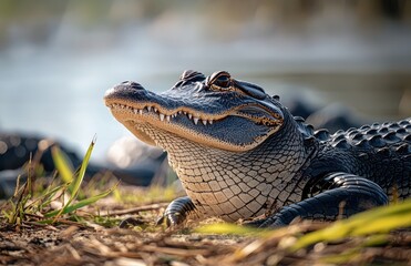 Fototapeta premium Close-Up Image of an Alligator Resting on the Shoreline, Showcasing Sharp Teeth and Scales Under Soft Natural Light in a Wetland Environment
