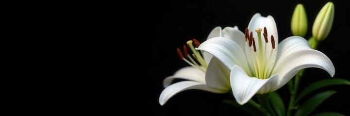 Pure white lilies in full bloom, against black background , photography, plant