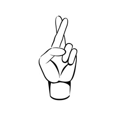 A hand with crossed two fingers luck and promise concept sketch vector line illustration.