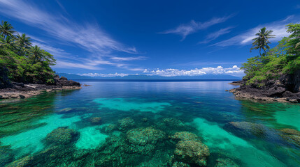Fototapeta premium serene tropical seascape with clear turquoise waters, lush green palm trees, and vibrant blue sky creates tranquil and inviting atmosphere