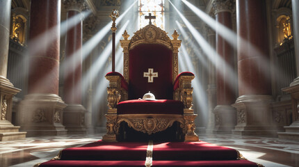golden chair with cross in a church illuminated by rays of light, concept of absence of religious figure