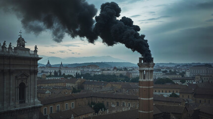 Smoking chimney in a gloomy cityscape with historic buildings in the background