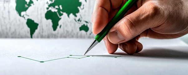 Green Economy Graph Depicts Growth, Hand with Pen Analyses Global Market Trends and Development