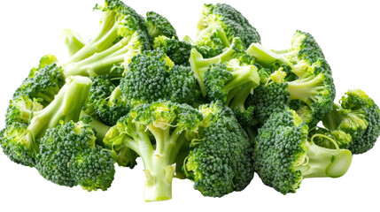 Fresh green broccoli florets forming a nutritious pile on transparent background