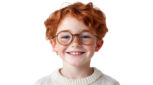 Portrait of a cute ginger boy wearing eyeglasses with red hair, freckles, and a happy smile, isolated on transparent background for diverse educational and marketing projects.
