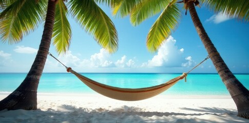 Fototapeta premium Serene hammock sways gently between palm trees on pristine Maldivian beach , white, ocean