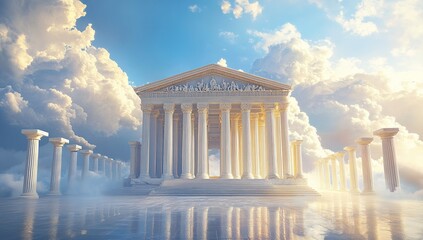 Obraz premium Ancient White Marble Temple Reflecting in Calm Water Under a Cloudy Sky