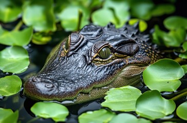Fototapeta premium Close-Up of a Crocodile Head Emerging from Water Surrounded by Lush Green Lilies in a Calm Natural Habitat