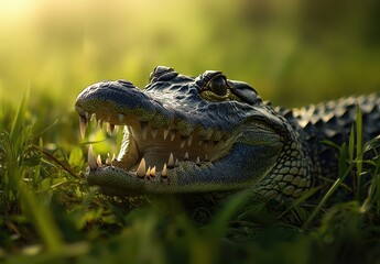 Fototapeta premium Close-up of a Crocodile Lying on the Grass with Open Mouth Showcasing Sharp Teeth in a Natural Environment at Sunset Light