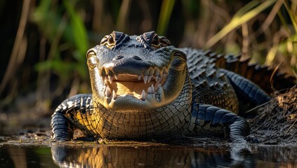 Fototapeta premium Close-Up of a Crocodile on the Riverbank with a Bright Smile, Showcasing Sharp Teeth and Intricate Scales Among Natural Greenery and Calm Water Environment