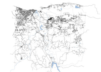 vector map of buildings, highway and waterway in arecibo city of puerto rico with black and white color