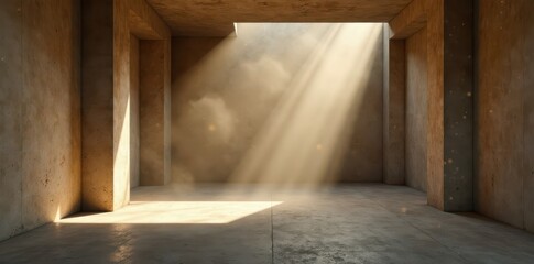 Smoky, sunlit concrete room Dust motes dance in beams , effect, architecture