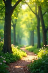 Fototapeta premium Soft-focus garden trees, blurred bokeh background, misty, landscape
