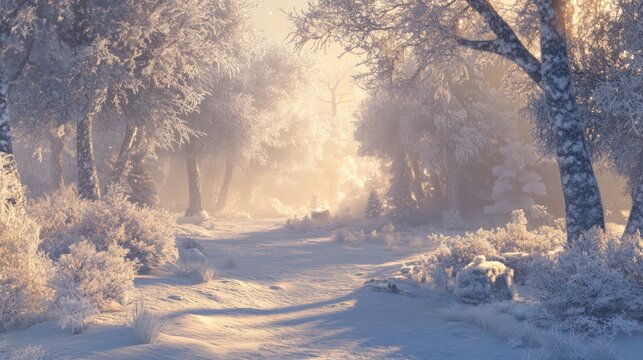 Sunlit snowy path through winter forest - Powered by Adobe