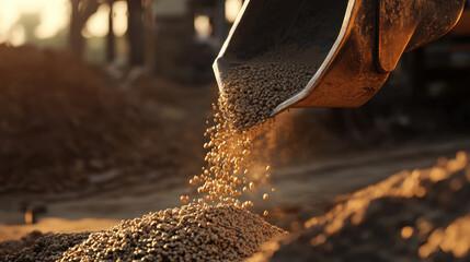 close up of excavator bucket pouring sand onto construction site, showcasing texture and movement of material in warm sunlight