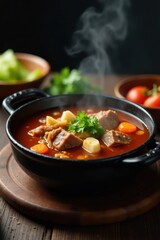 Steaming beef bone marrow soup in hot iron pot , delicious, drink, rich