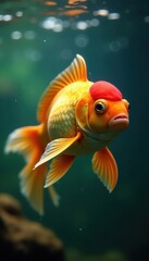 Submerged goldfish, vibrant orange, approaching , vibrant, underwater, approach