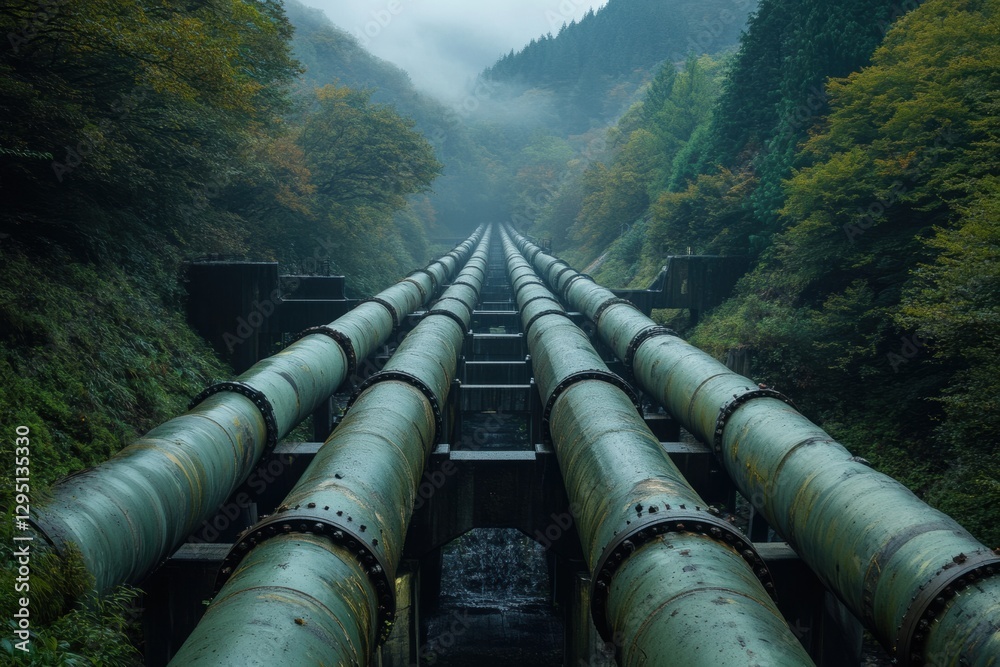 Poster pipelines stretch through a misty green valley showcasing industrial engineering and environmental i