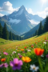 Fototapeta premium Sun-drenched field of wildflowers against snow-capped mountain peaks , wildflower, plants