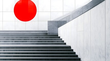 Gray staircase leading up to a wall with red circle